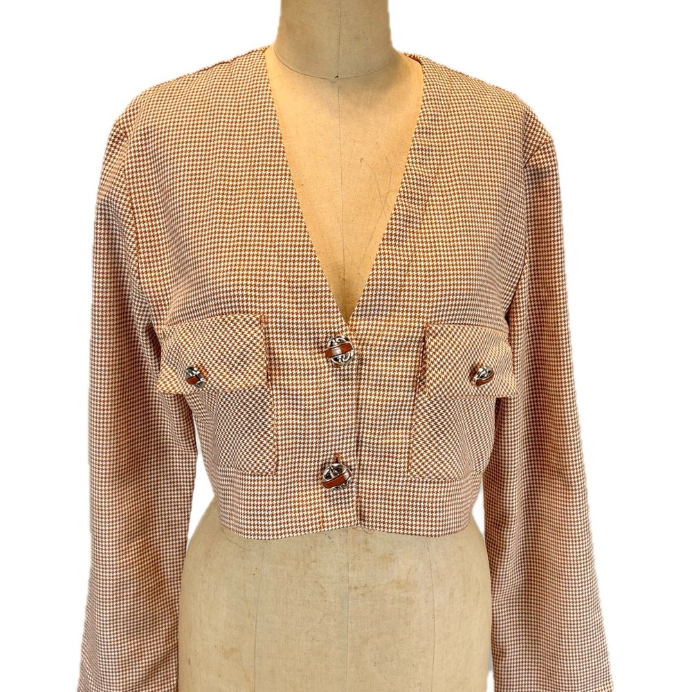 VINTAGE houndstooth cropped jacket bolero button front v neck burnt orange 80s